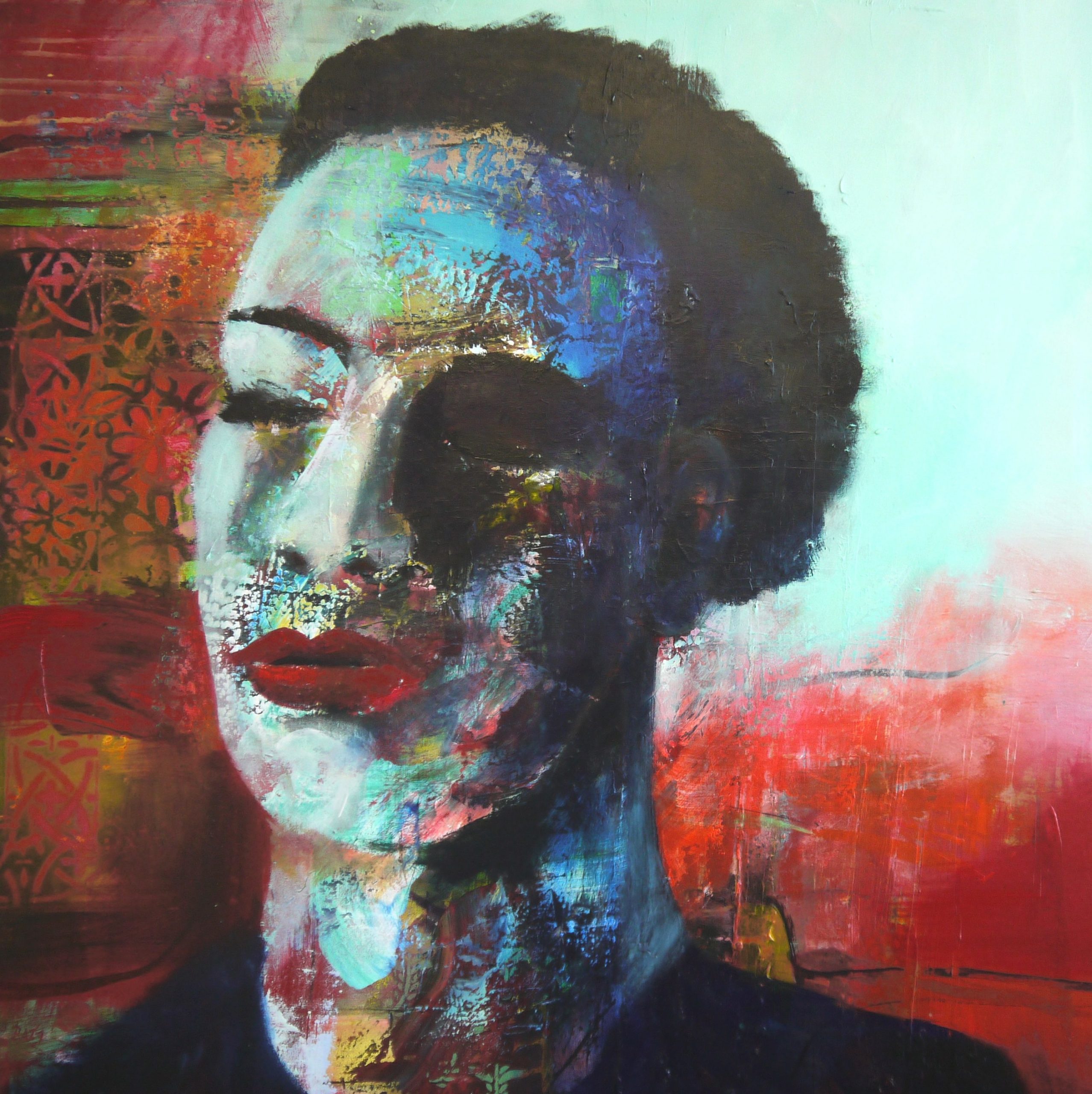 Portrait blau rot 2021 100 x 100 cm  